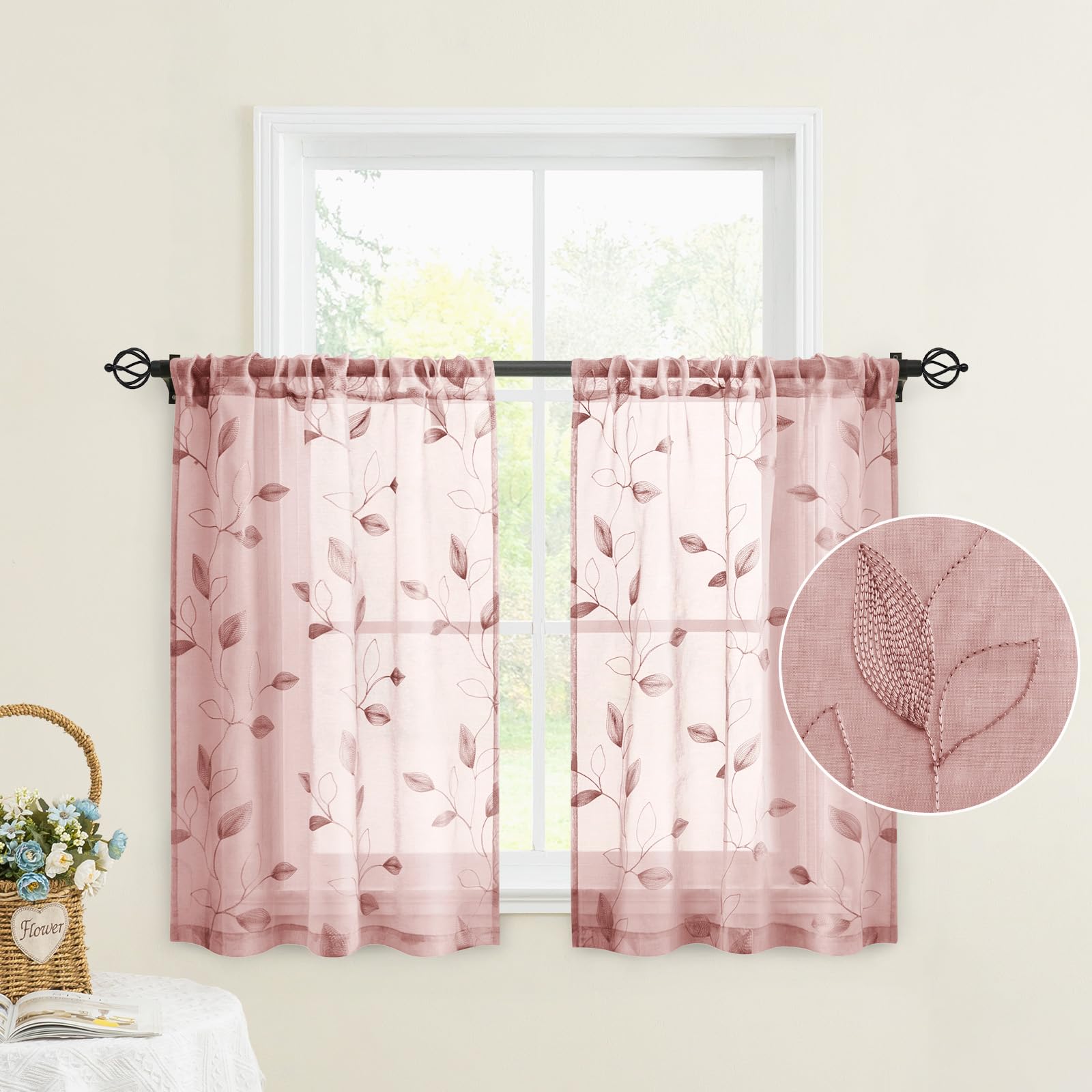 Homeideas Blush Pink Sheer Kitchen Curtains 30 X 24 Inch Length 2 Panels Embroidered Leaf Pattern Short Bathroom Window Curtains For Small Window Valance Tiers